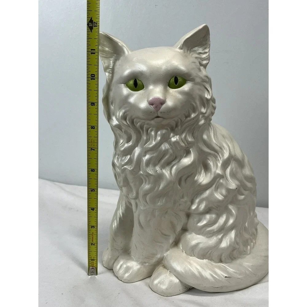 Vintage MCM Persian White Cat Statue with Green Eyes 12